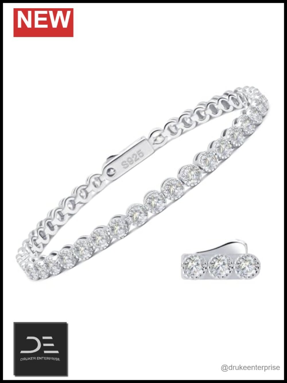 Moissanite Tennis Bracelet 925 Sterling Silver 3mm White Gold Plated D Color